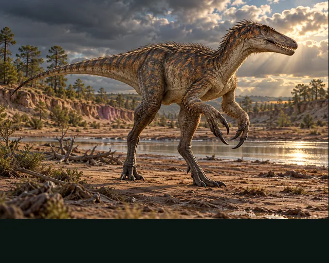 Australovenator in a prehistoric landscape — AI-generated artistic interpretation