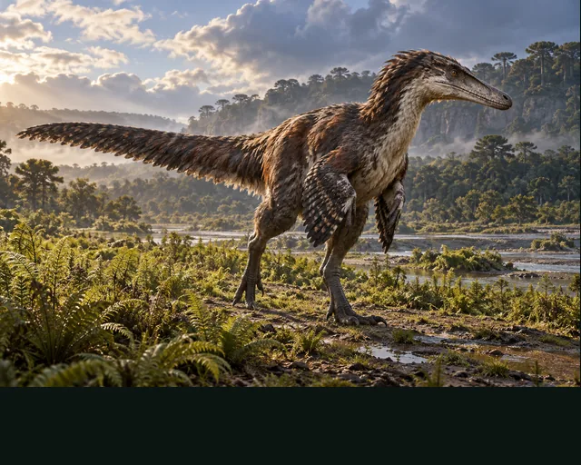 Austroraptor in a prehistoric landscape — AI-generated artistic interpretation