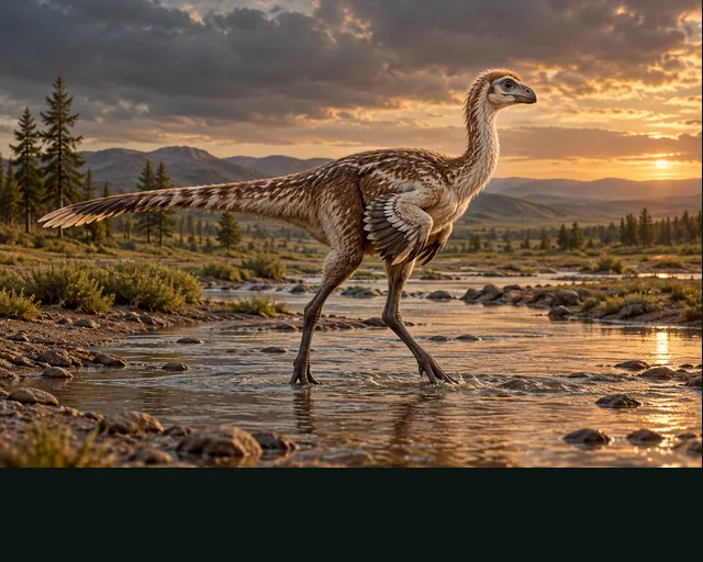 Avimimus in a prehistoric landscape — AI-generated artistic interpretation
