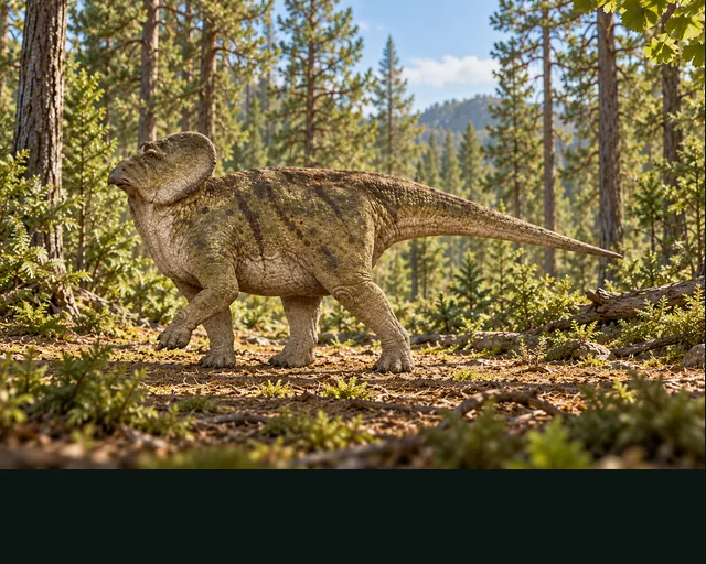 Artistic reconstruction of Bagaceratops in a prehistoric landscape