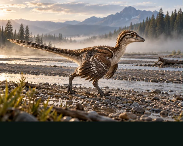 Bambiraptor in a prehistoric landscape — AI-generated artistic interpretation