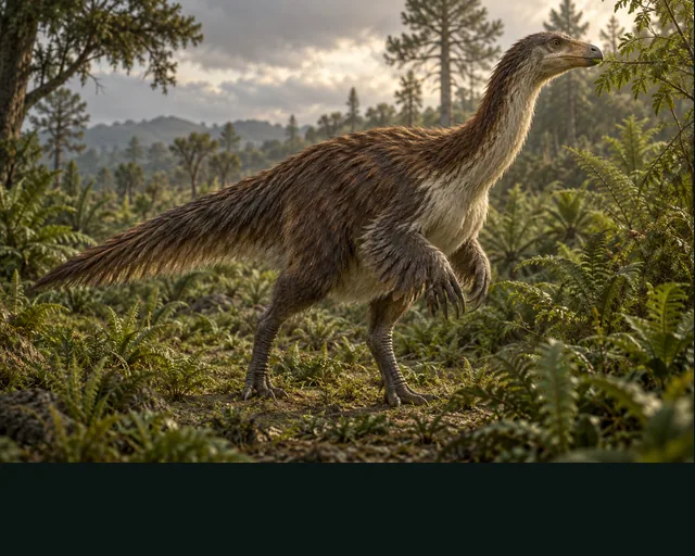 Beipiaosaurus in a prehistoric landscape — AI-generated artistic interpretation