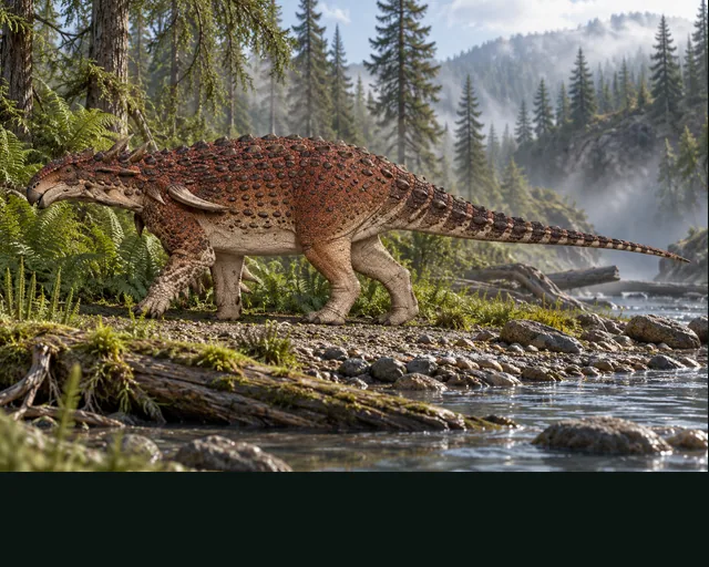 Artistic reconstruction of Borealopelta in a prehistoric landscape
