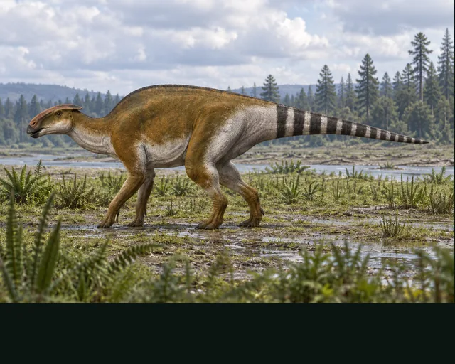 Artistic reconstruction of Brachylophosaurus in a prehistoric landscape