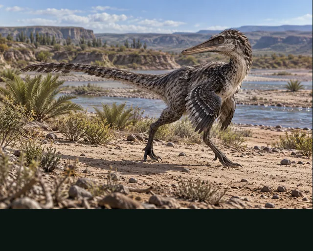 Buitreraptor in a prehistoric landscape — AI-generated artistic interpretation