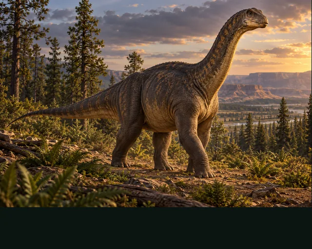 Camarasaurus in a prehistoric landscape — AI-generated artistic interpretation