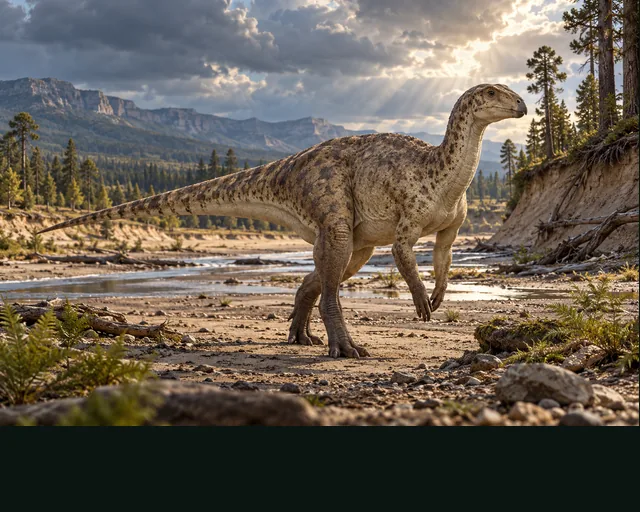 Camptosaurus in a prehistoric landscape — AI-generated artistic interpretation