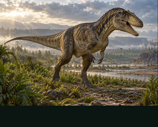 Carcharodontosaurus in a prehistoric landscape — AI-generated artistic interpretation