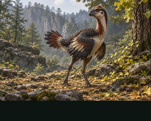 Caudipteryx in a prehistoric landscape — AI-generated artistic interpretation