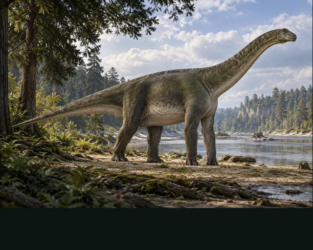 Cetiosaurus in a prehistoric landscape — AI-generated artistic interpretation