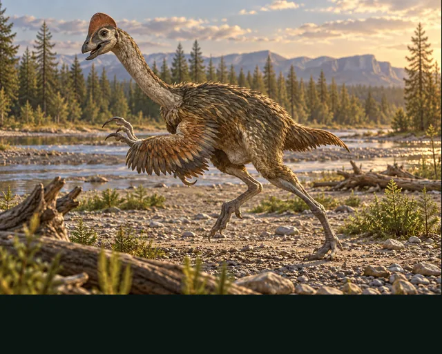 Artistic reconstruction of Chirostenotes in a prehistoric landscape