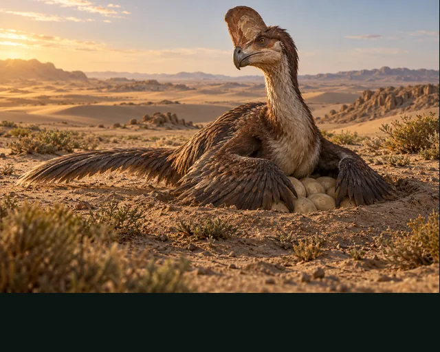 Citipati in a prehistoric landscape — AI-generated artistic interpretation