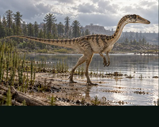 Coelophysis in a prehistoric landscape — AI-generated artistic interpretation