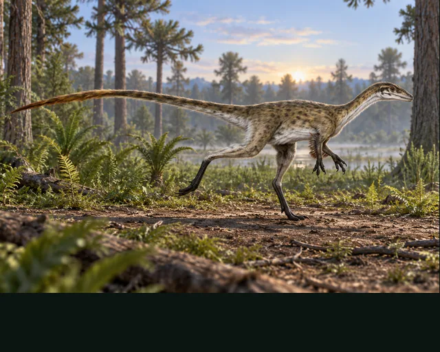 Artistic reconstruction of Coelurus in a prehistoric landscape