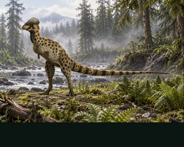Artistic reconstruction of Colepiocephale in a prehistoric landscape