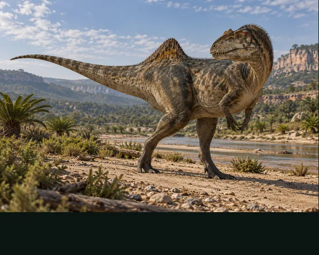 Concavenator in a prehistoric landscape — AI-generated artistic interpretation