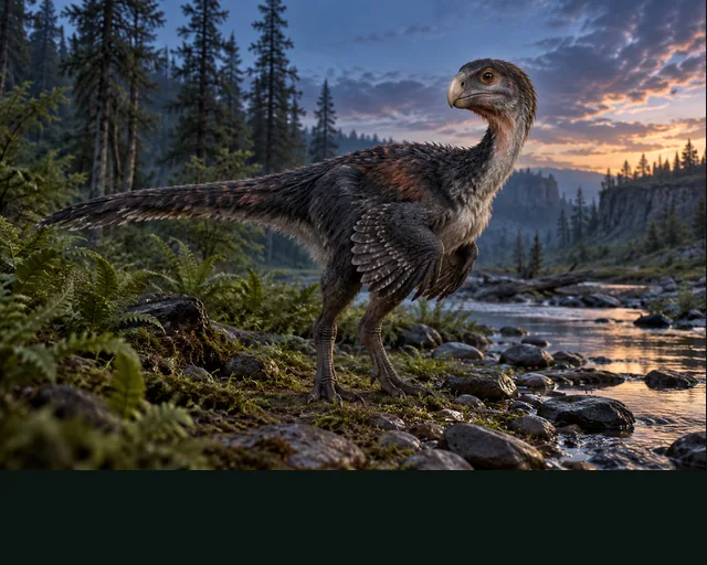 Conchoraptor in a prehistoric landscape — AI-generated artistic interpretation