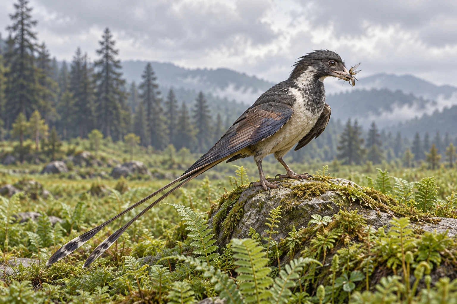 Confuciusornis — AI artistic reconstruction following the credited complete-body reference