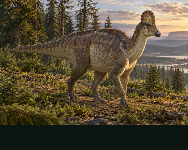 Corythosaurus in a prehistoric landscape — AI-generated artistic interpretation