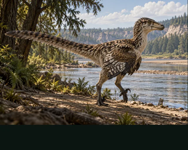 Deinonychus in a prehistoric landscape — AI-generated artistic interpretation