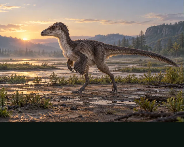 Dilong in a prehistoric landscape — AI-generated artistic interpretation