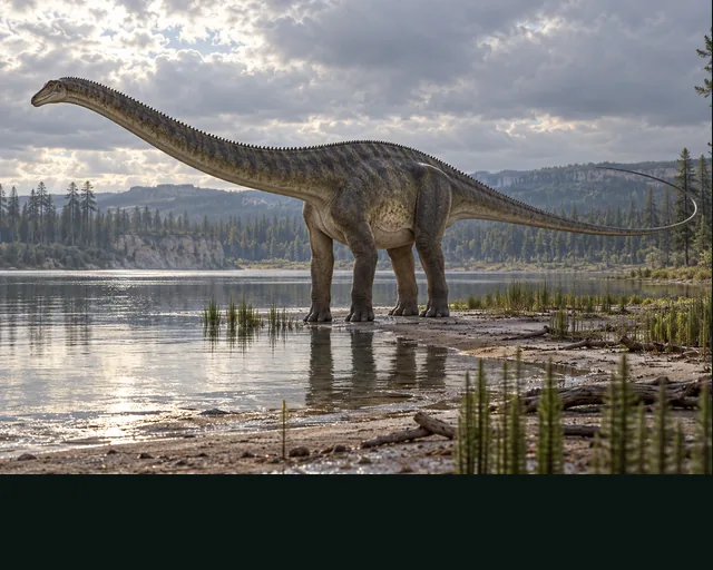 Diplodocus in a prehistoric landscape — AI-generated artistic interpretation