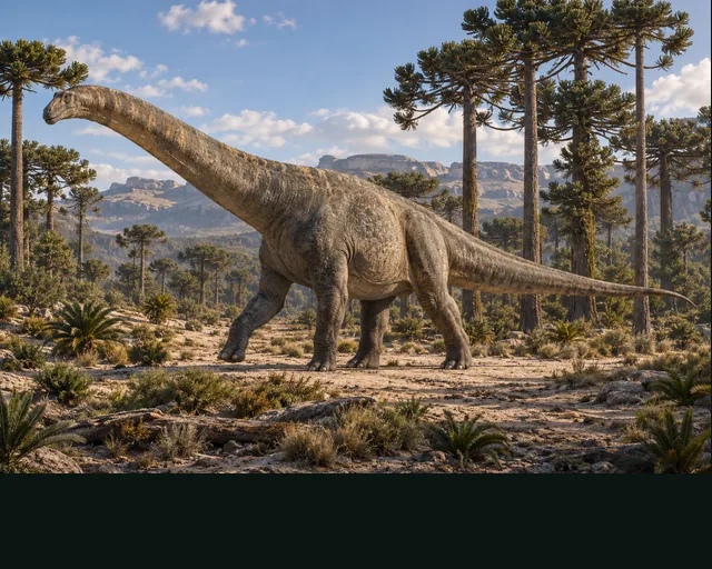 Dreadnoughtus in a prehistoric landscape — AI-generated artistic interpretation