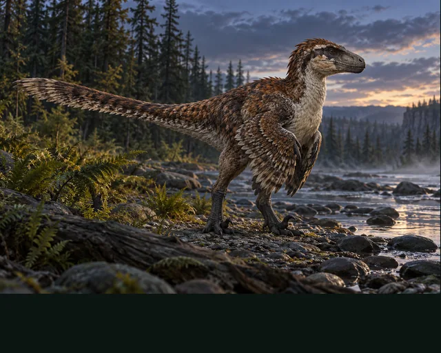 Dromaeosaurus in a prehistoric landscape — AI-generated artistic interpretation