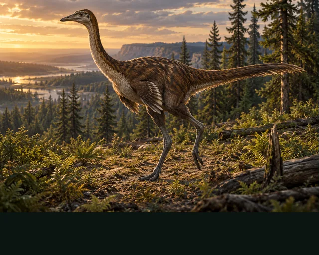 Dromiceiomimus in a prehistoric landscape — AI-generated artistic interpretation