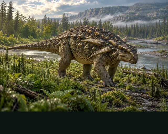 Edmontonia in a prehistoric landscape — AI-generated artistic interpretation