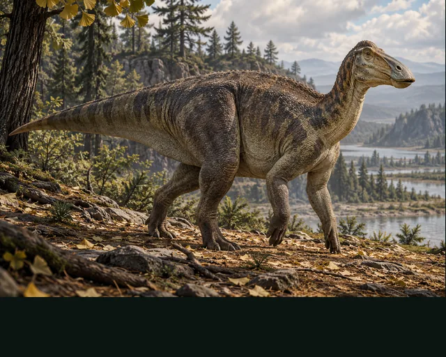 Edmontosaurus in a prehistoric landscape — AI-generated artistic interpretation