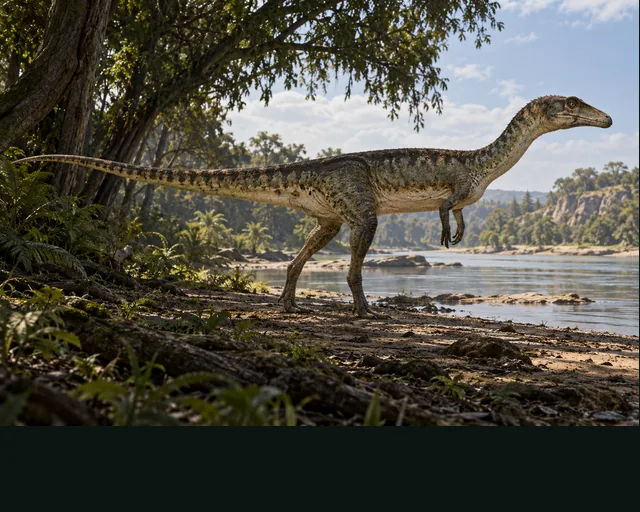 Elaphrosaurus in a prehistoric landscape — AI-generated artistic interpretation
