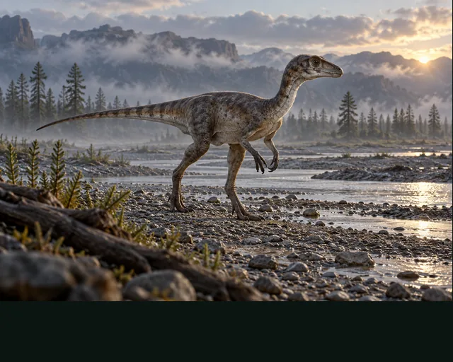 Eoraptor in a prehistoric landscape — AI-generated artistic interpretation