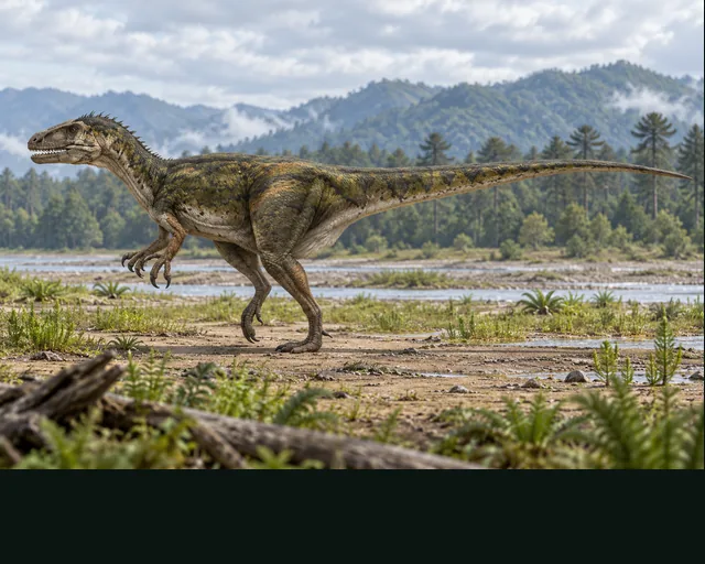 Artistic reconstruction of Fukuiraptor in a prehistoric landscape