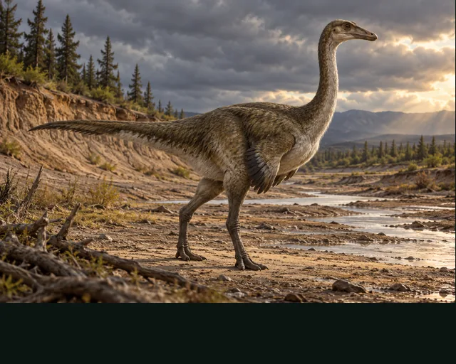 Garudimimus in a prehistoric landscape — AI-generated artistic interpretation