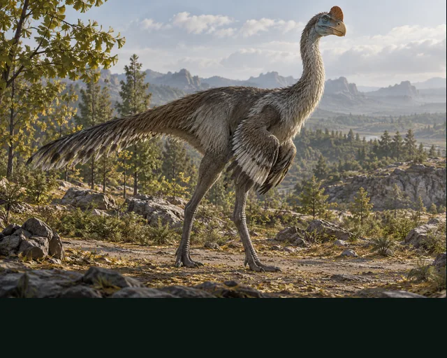 Gigantoraptor in a prehistoric landscape — AI-generated artistic interpretation