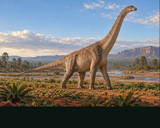 Giraffatitan in a prehistoric landscape — AI-generated artistic interpretation