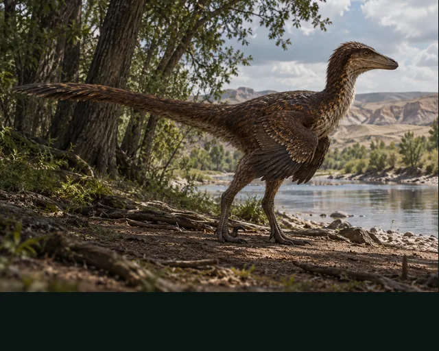 Gobivenator in a prehistoric landscape — AI-generated artistic interpretation