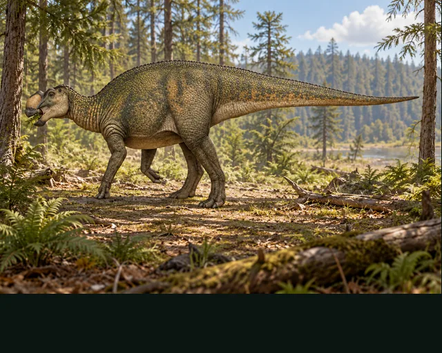 Artistic reconstruction of Gryposaurus in a prehistoric landscape