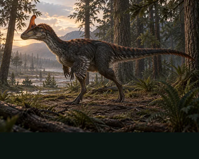 Guanlong in a prehistoric landscape — AI-generated artistic interpretation
