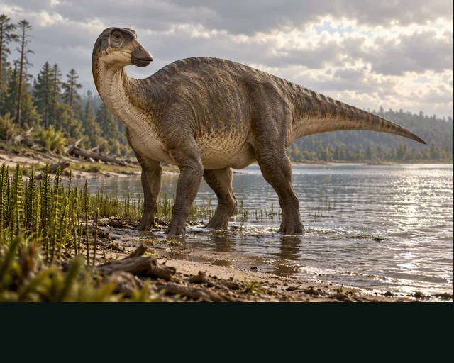 Hadrosaurus in a prehistoric landscape — AI-generated artistic interpretation