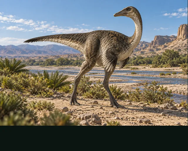 Harpymimus in a prehistoric landscape — AI-generated artistic interpretation