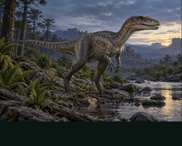 Herrerasaurus in a prehistoric landscape — AI-generated artistic interpretation