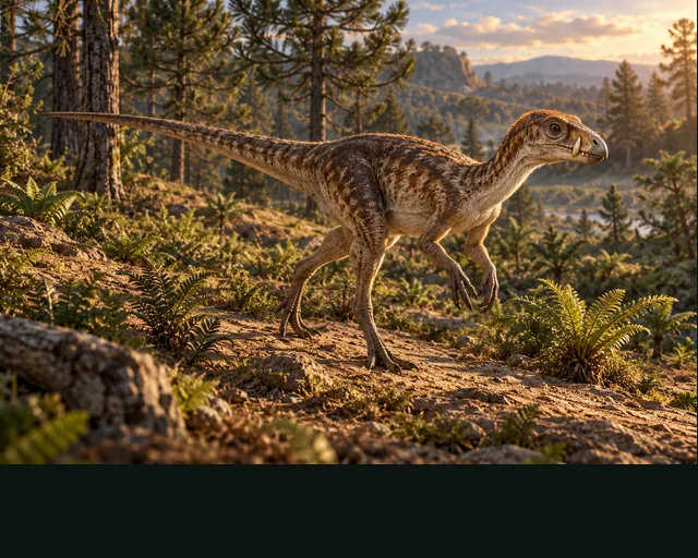 Heterodontosaurus in a prehistoric landscape — AI-generated artistic interpretation