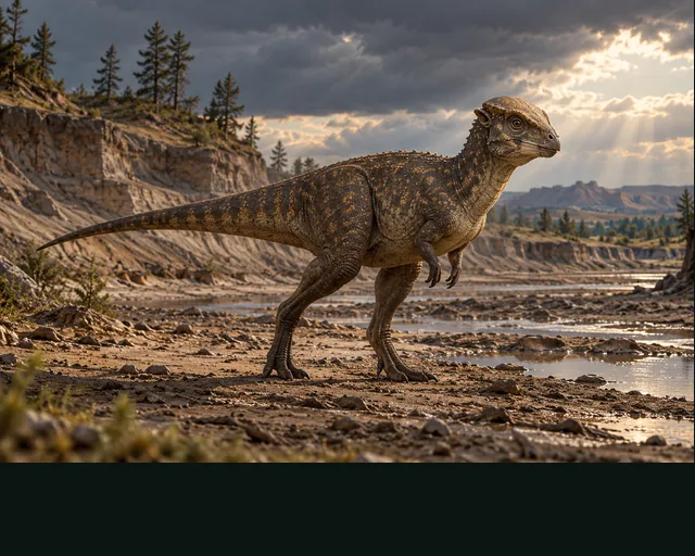 Homalocephale in a prehistoric landscape — AI-generated artistic interpretation