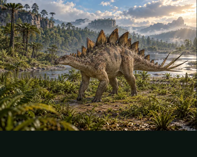 Huayangosaurus in a prehistoric landscape — AI-generated artistic interpretation