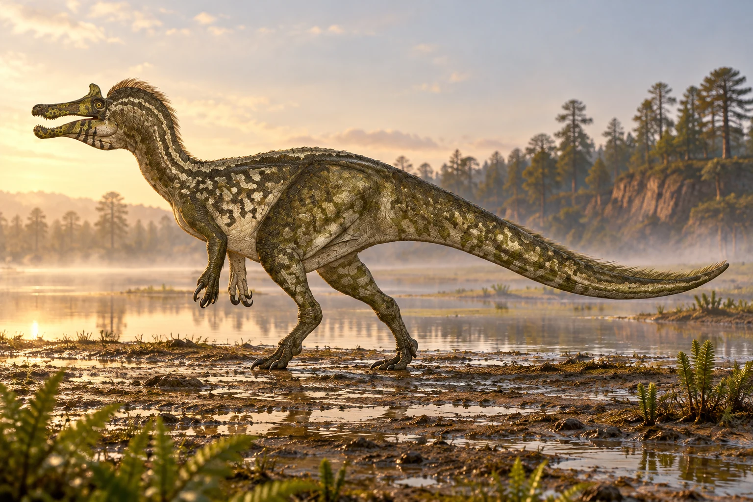 AI artistic reconstruction of Iberospinus: long narrow toothed snout; Clawed forelimbs and powerful hind legs; Long deep tapering tail and low raised back.