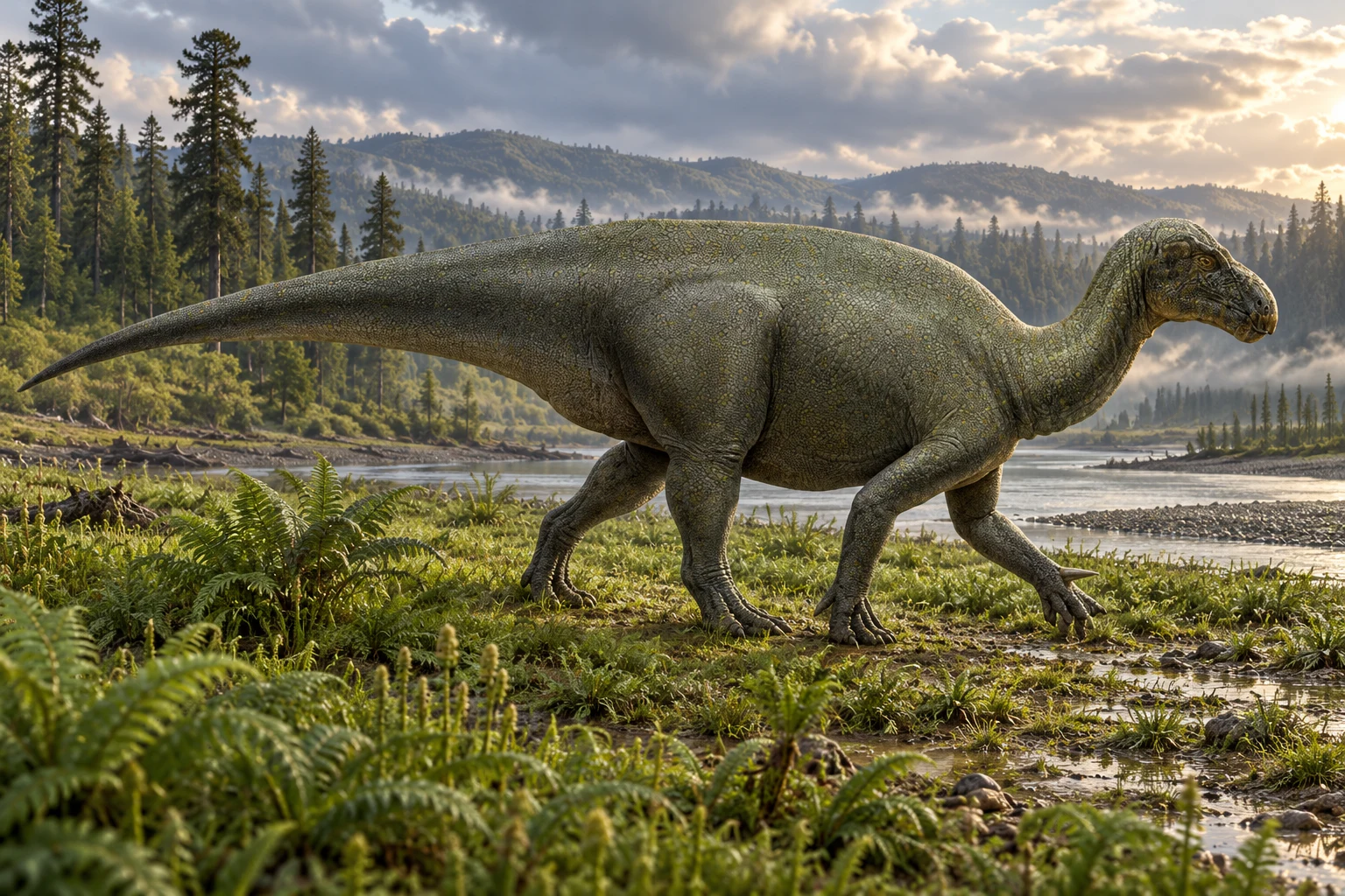 AI artistic reconstruction of Iguanacolossus: broad low beaked head; Robust four-legged body; Deep long tapering tail.