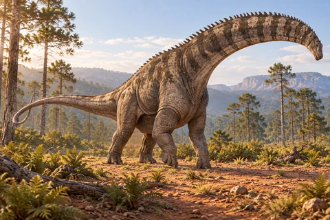 AI artistic reconstruction of Isisaurus: raised relatively short neck; Four heavy legs; Long slender tail and dorsal bumps.