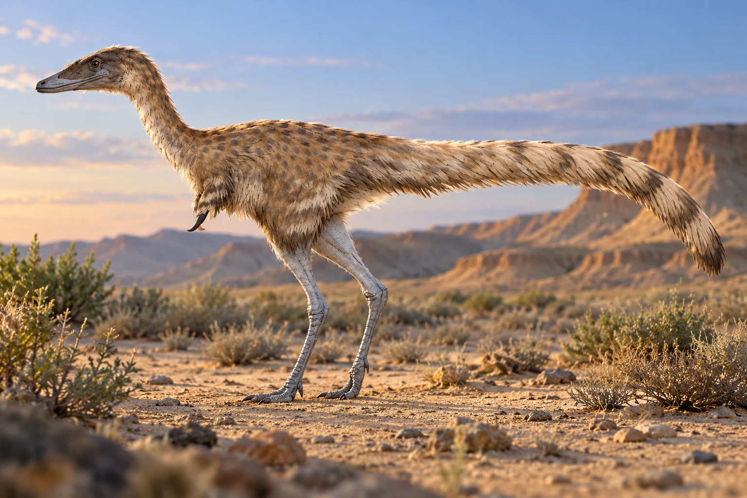 AI artistic reconstruction of Jaculinykus: small head on long slender neck; Very short forelimbs; Long hind legs and long feathered tail.